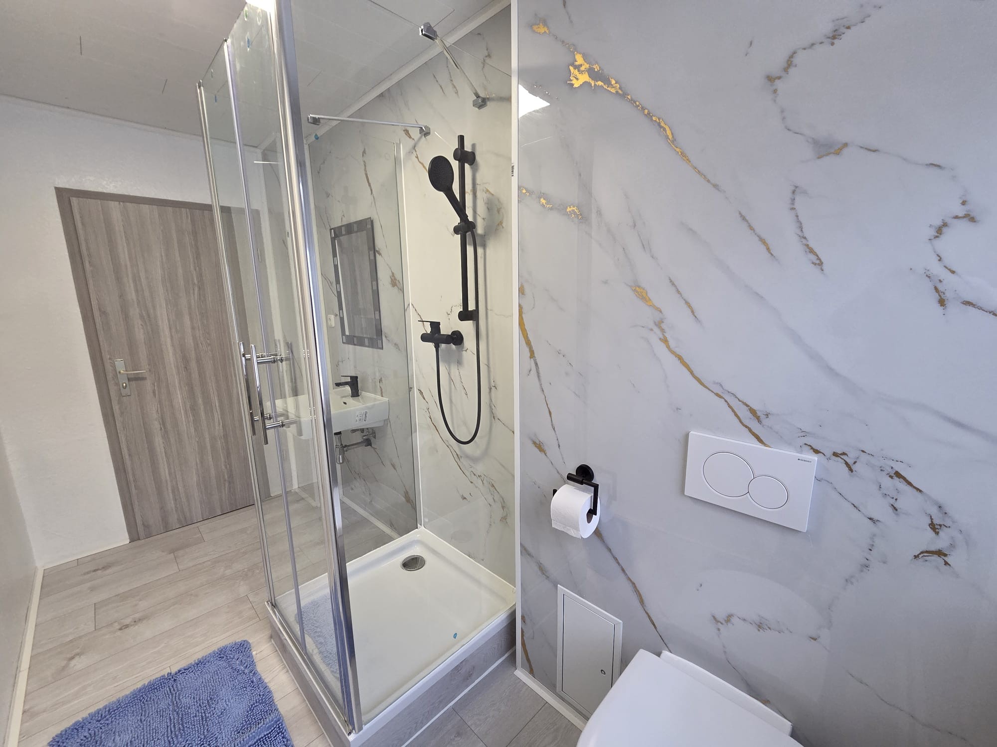 Duschbad mit Dusche, Waschbecken und WC